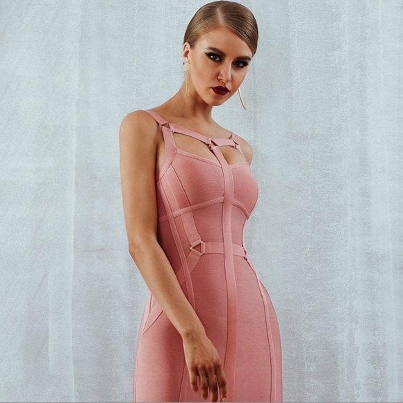 DESIGNER COUTURE PINK STRAPPY CHEST BANDAGE DRESS - Picture 7 of 10